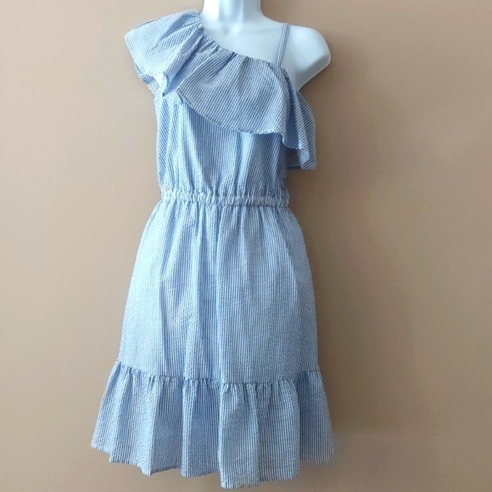 DESIGN 365 Blue Seersucker Dress with  Asymmetrical Ruffle shoulder - XS